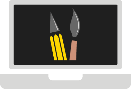 graphic of laptop with paint brush and pencil
